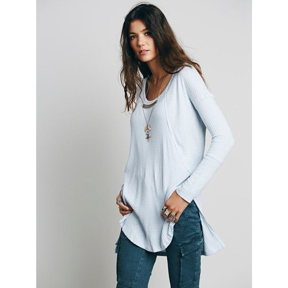Free People Sky Blue Waffle Knit Ventura Shirt Oversize Thermal Tunic Size Large